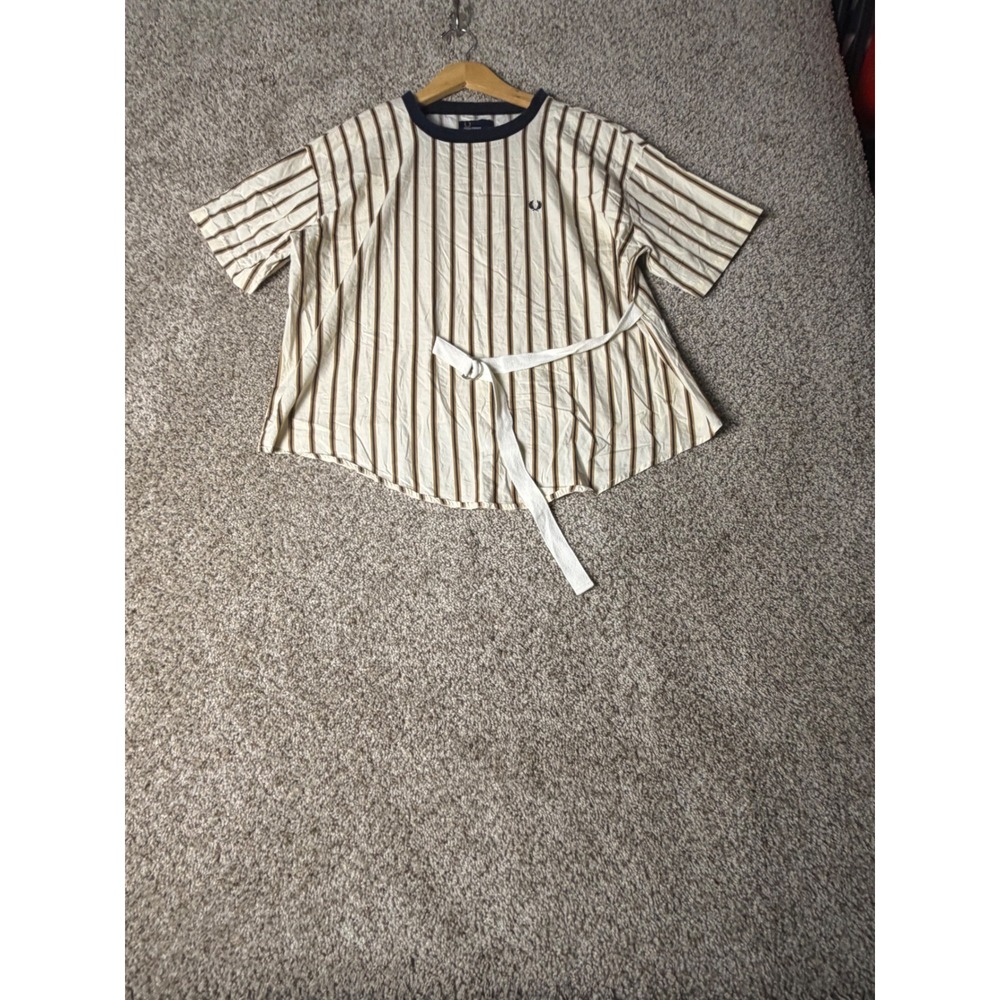 Fred Perry Womens Striped Short Sleeve Tie Waist Top Cream Navy Tan UK 10 US 6